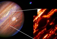 A color composite image of Jupiter in the near infrared and its moon Io. The callout at right shows a closeup of the two red spots through a filter which looks deep in the cloud layer to see thermal radiation. - UC BerkeleyKeckCebu