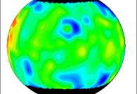 Infrared images of Dwarf Planet Ceres reveal a textured surface, and astronomers have produced a colour 3D model from the data. The blue in the 3D model corresponds to the dark patches in the infrared, the yellow to the bright. The blackout at the edges is due to insufficient data at the poles. - LESIAESOSwRIW. M. Keck Observatory